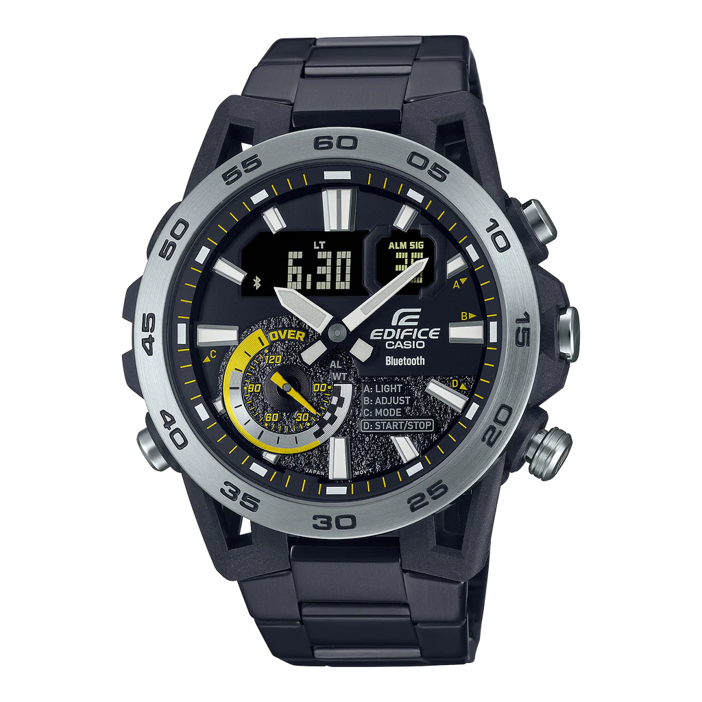 Sleek black and silver Casio Edifice wristwatch with multiple dials and digital display.