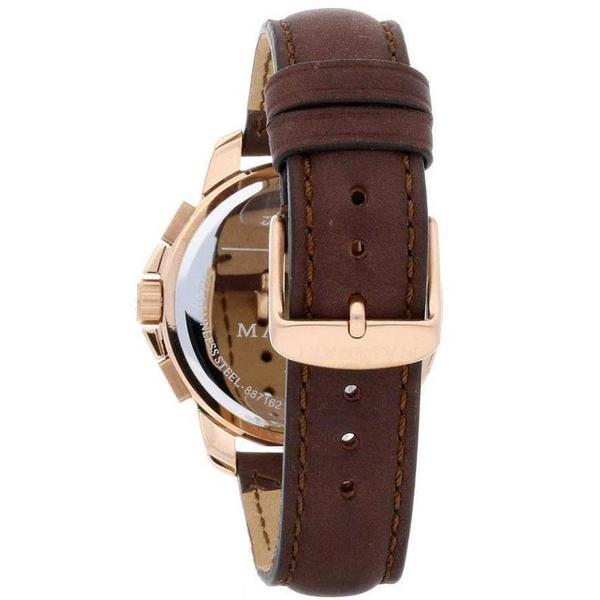 Wristwatch with a brown leather strap and rose gold-toned case.