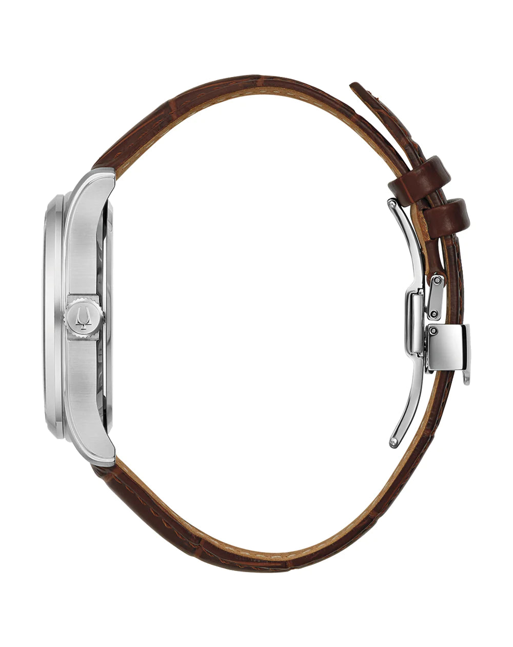 Wristwatch with a brown leather strap and silver-toned case.