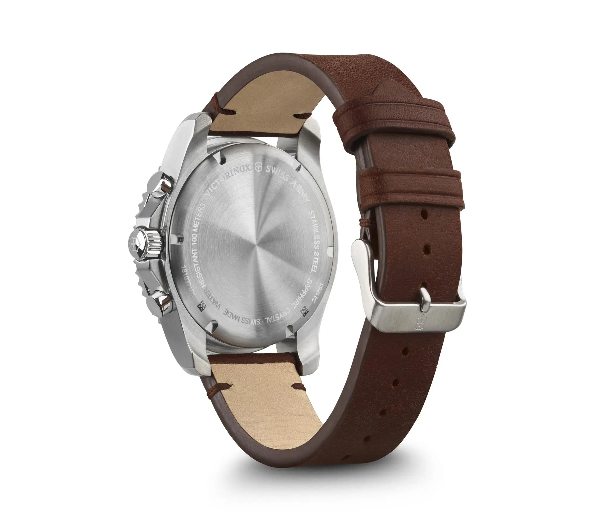Wristwatch with a silver case and brown leather strap.