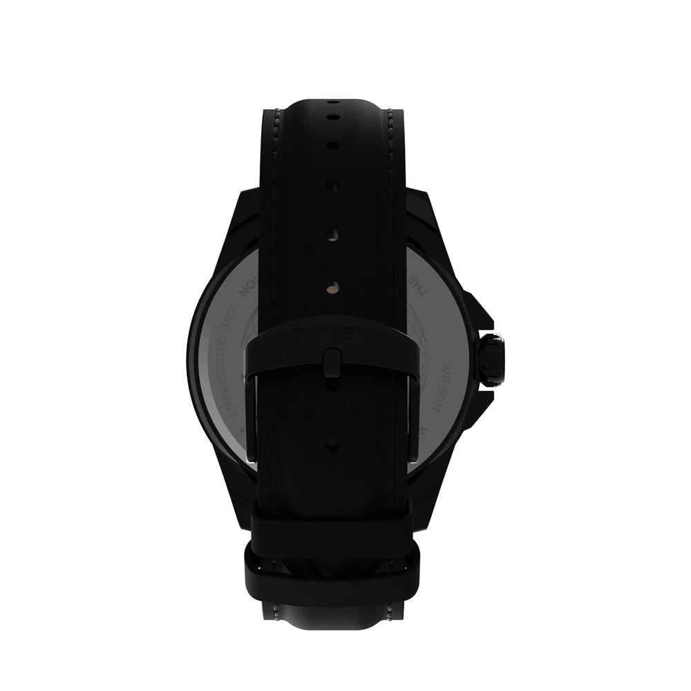 Black wristwatch with a round face and fabric strap.