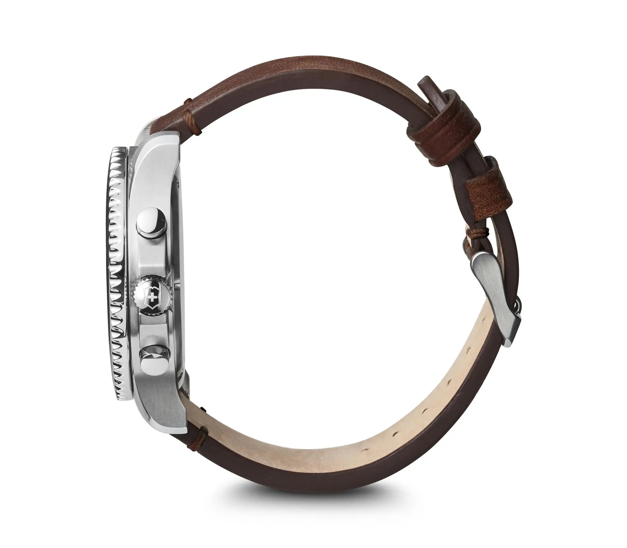 Wristwatch with a brown leather strap and silver-toned metal case.