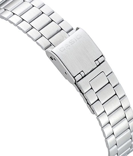 Metal watch band with a folding clasp.