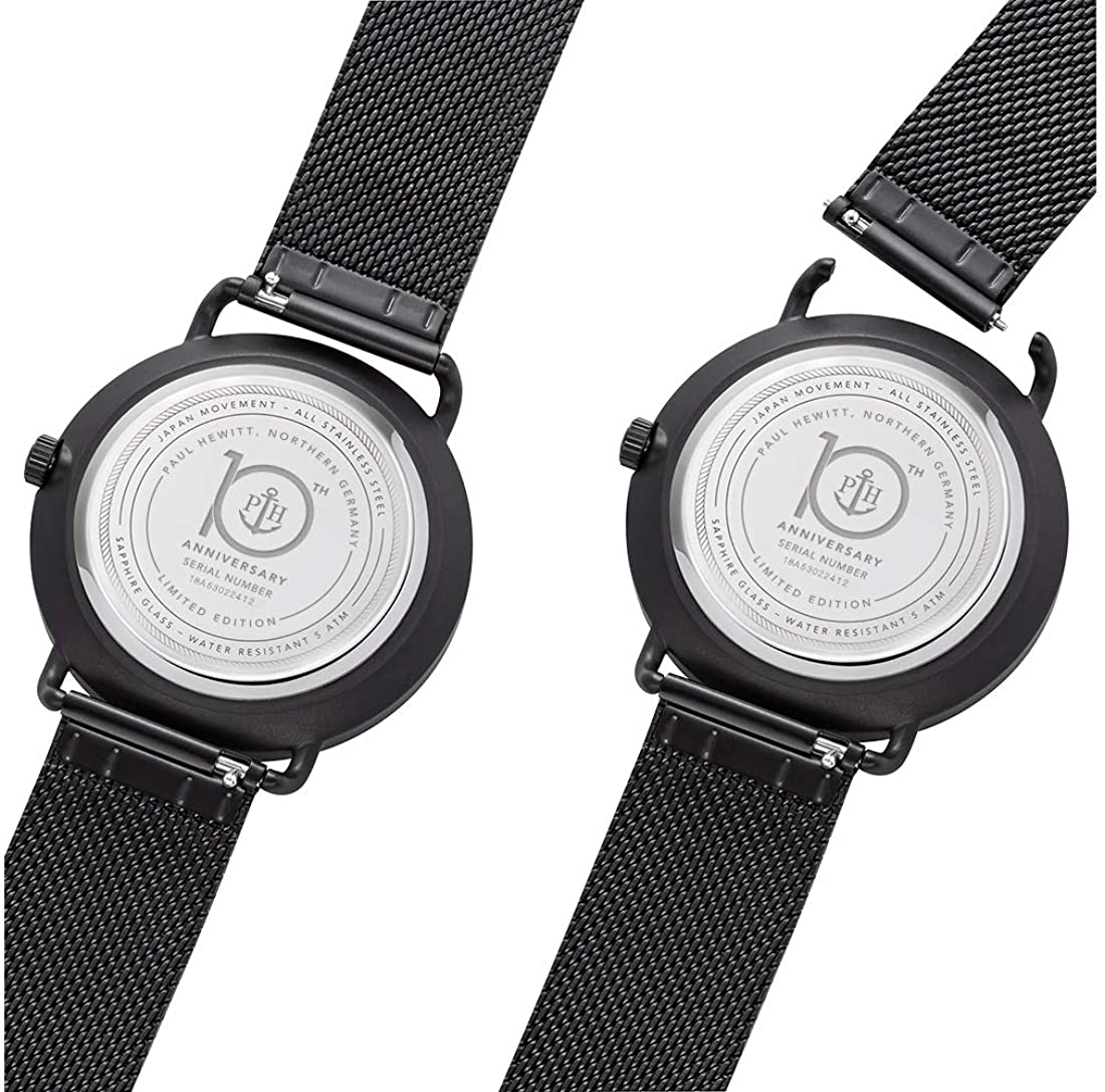 Two black wristwatches with mesh bands, showing their casebacks.