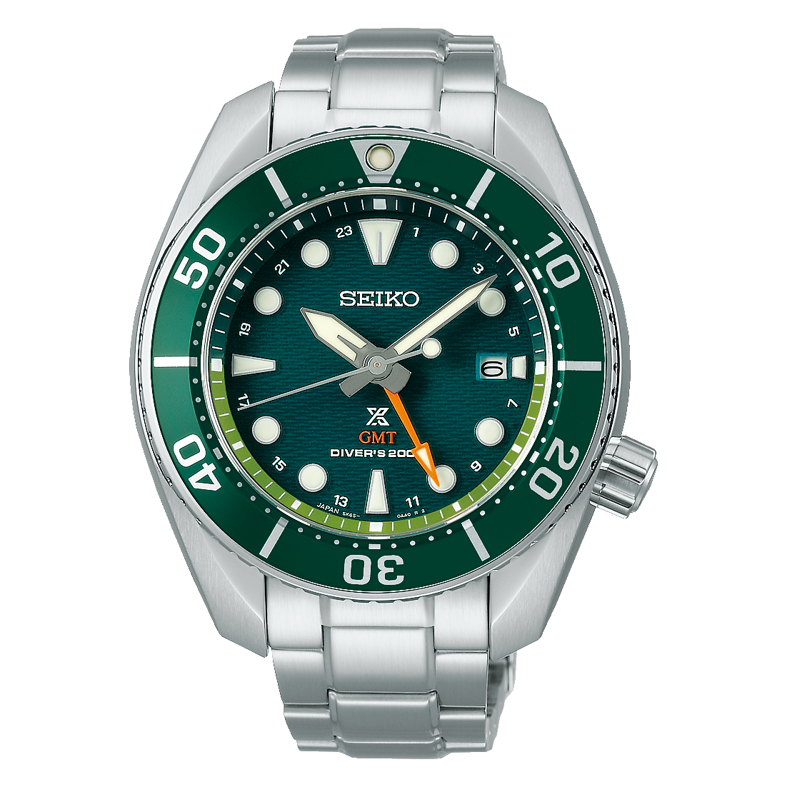 Seiko diver’s watch with a green dial and silver metal bracelet.