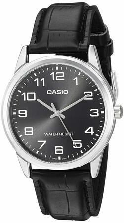 Casio wristwatch with a black leather strap and round analog face.