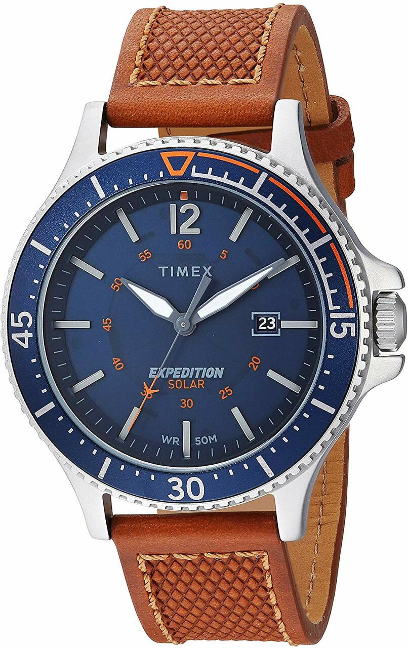 Timex Mens Tw4B15000 Expedition Ranger Solar Tan Blue Leather Strap Wa Watch Direct