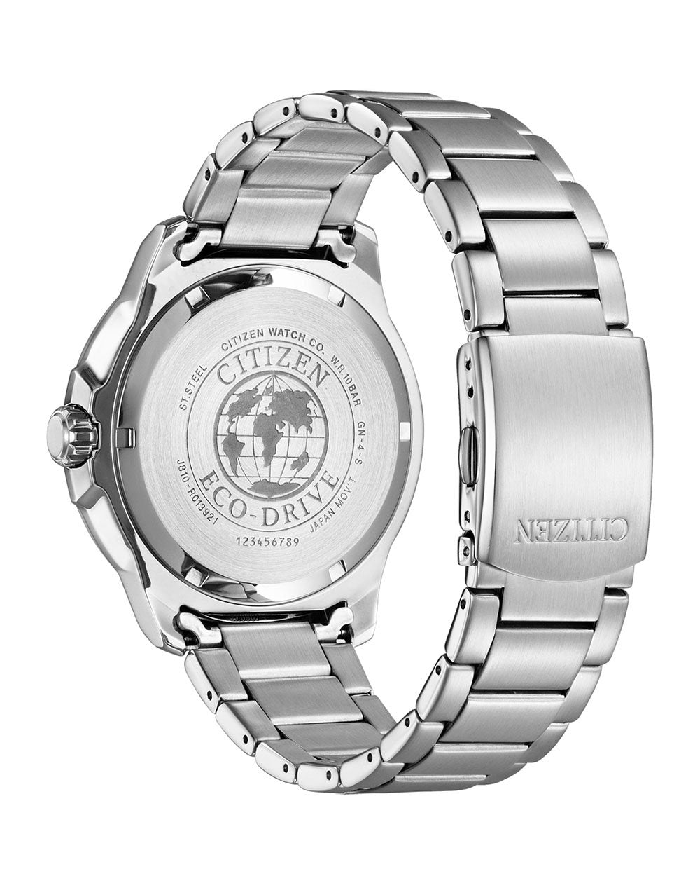 Stainless steel wristwatch with a metal bracelet and visible caseback.