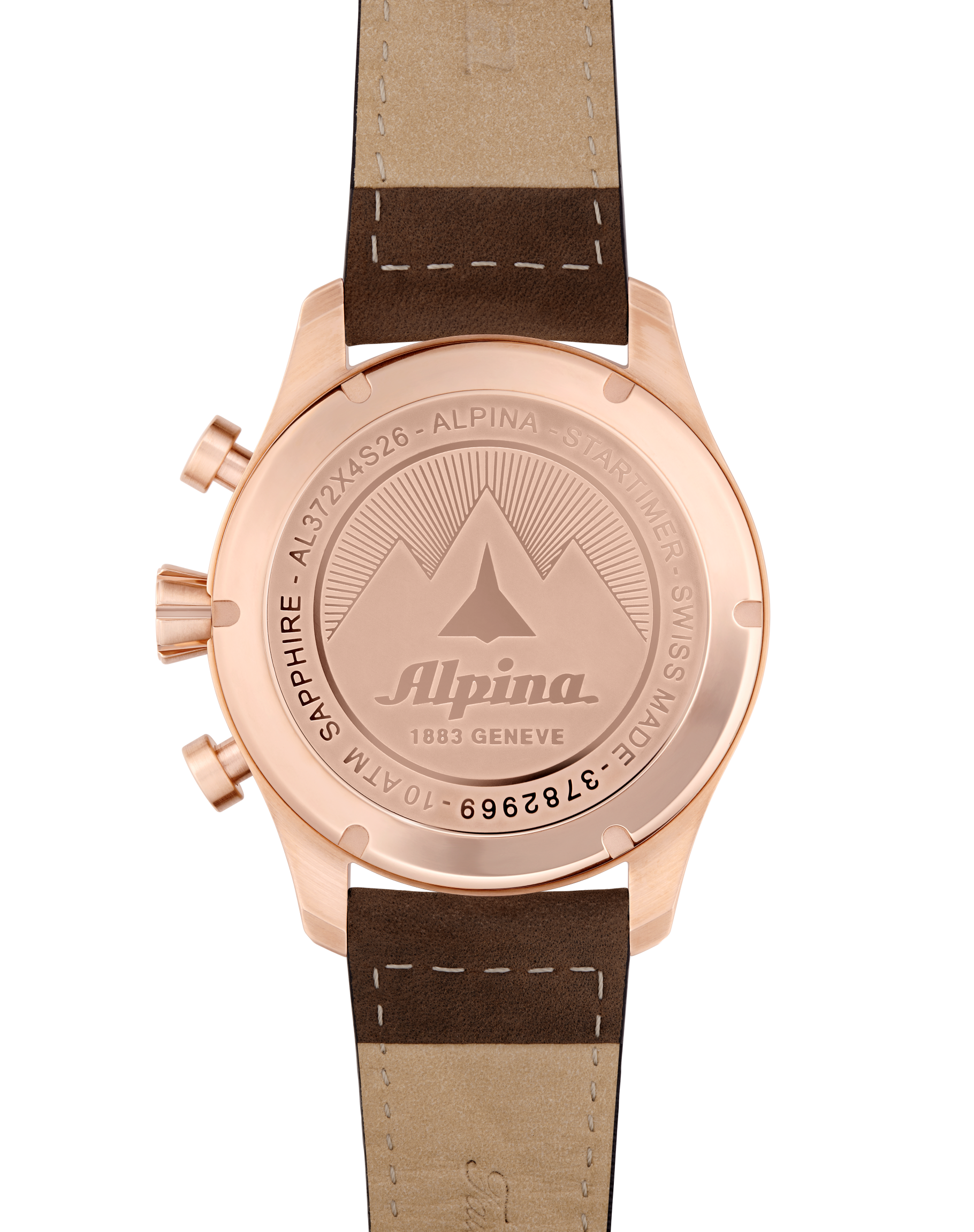 Rose gold-colored wristwatch with a brown leather strap and Alpina branding on the case back.