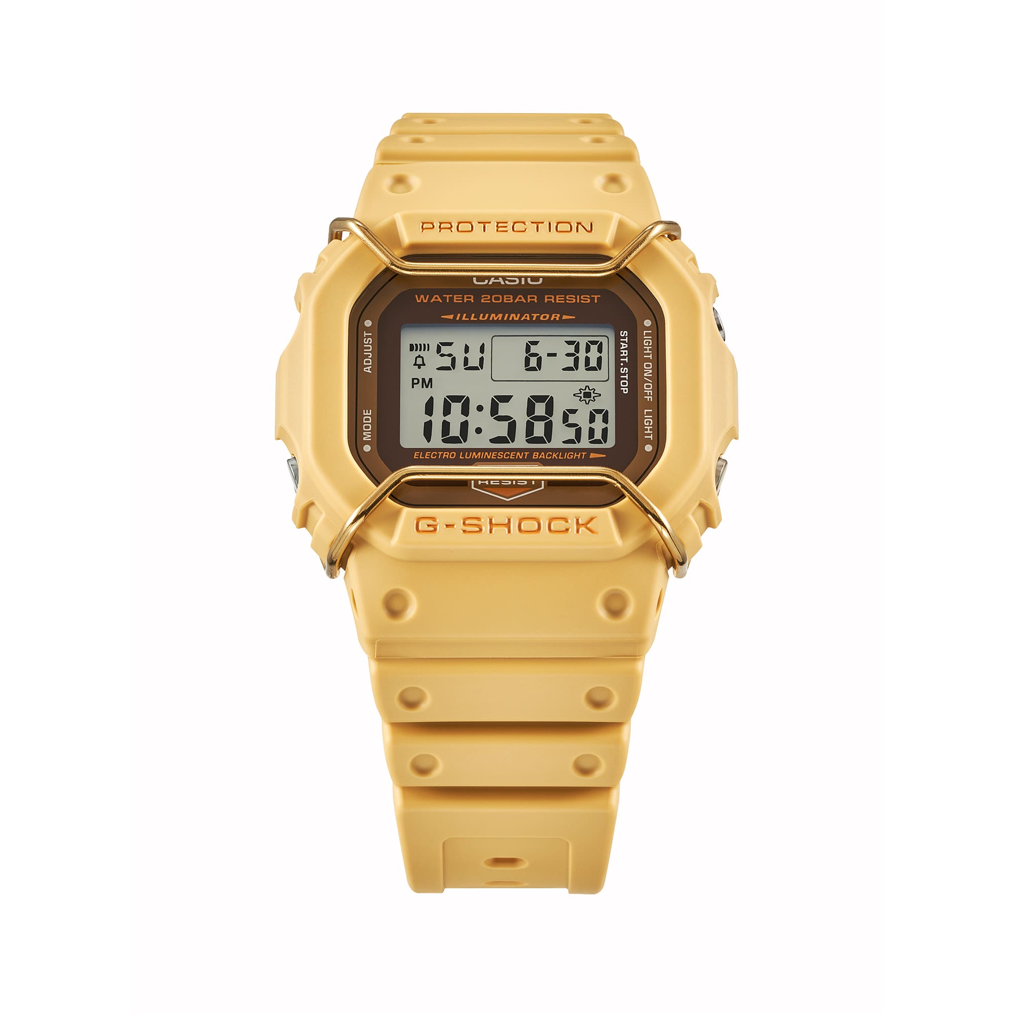Gold-colored G-Shock digital wristwatch with a square face and rugged design.