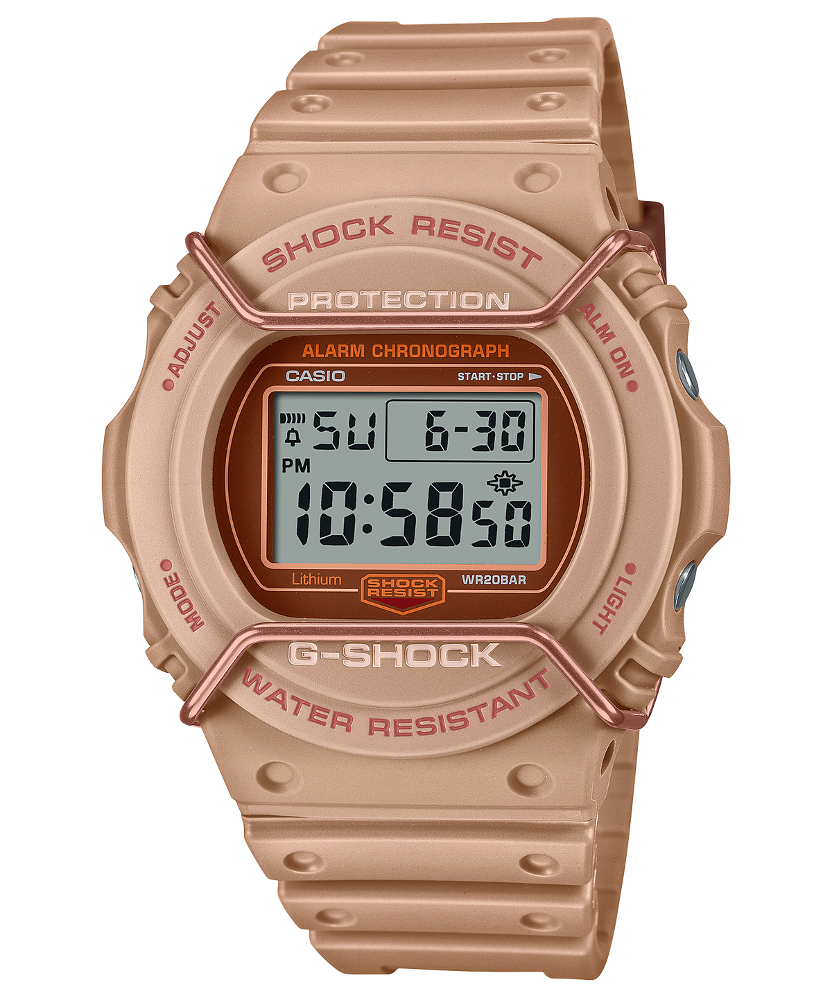 Digital wristwatch with a beige/rose gold-colored case and band featuring ’G-SHOCK’ branding.