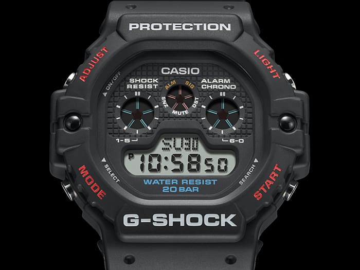 Rugged black Casio G-Shock digital wristwatch with multiple functions displayed.