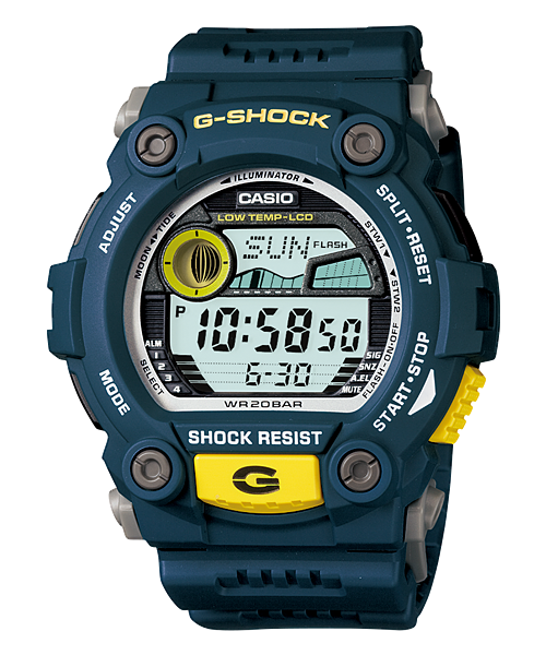G-Shock digital wristwatch with a blue and yellow color scheme.