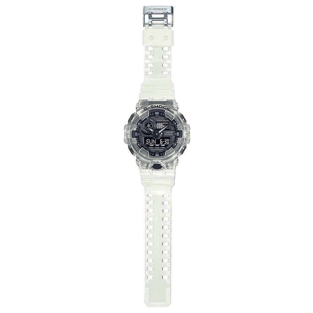 Transparent digital wristwatch with a rugged design and dark face.