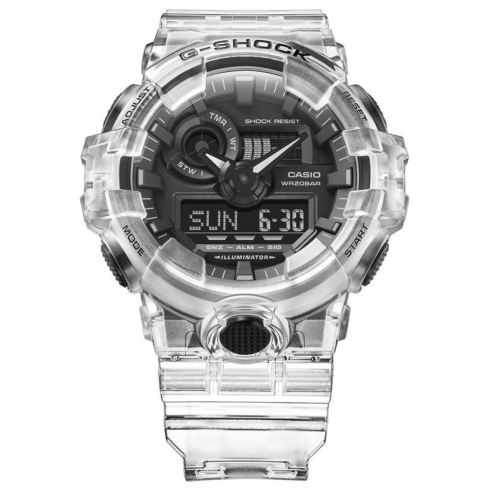 Transparent G-Shock digital watch with a black face and visible internal components.