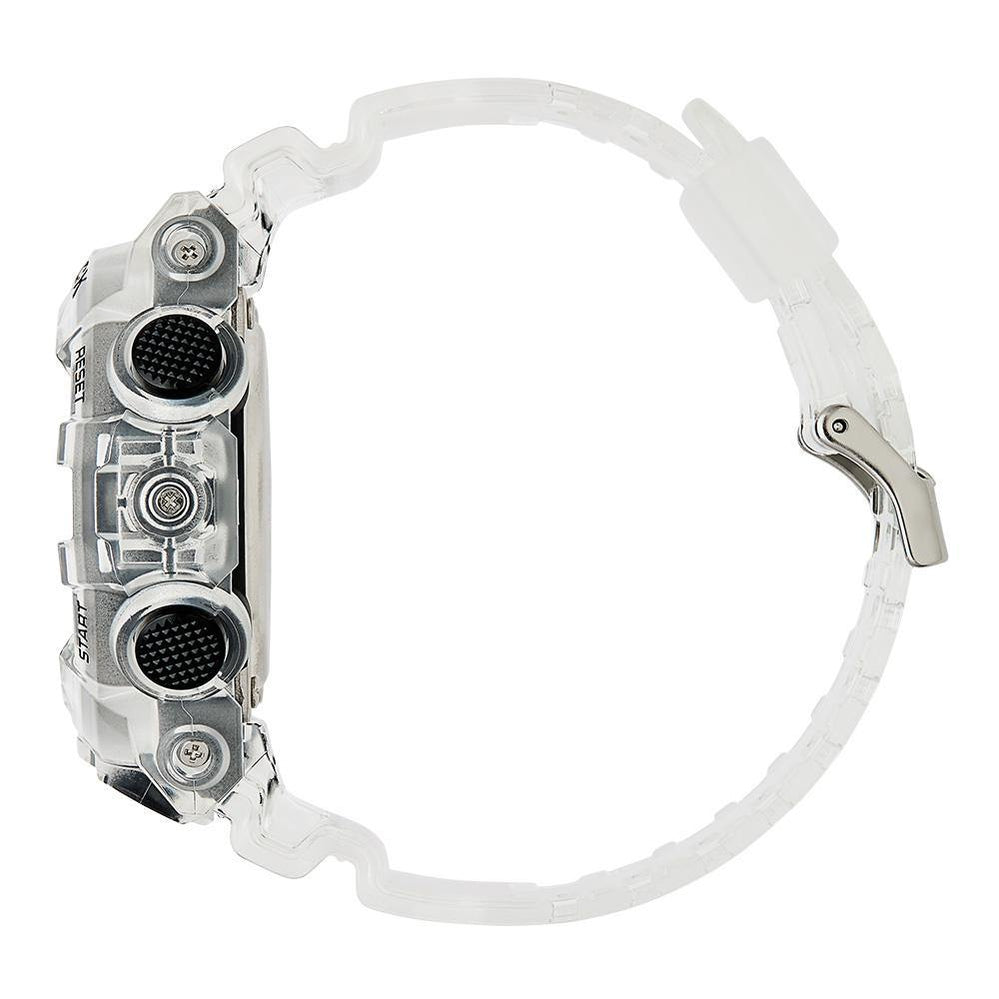 White digital sports watch with multiple display screens and buttons.