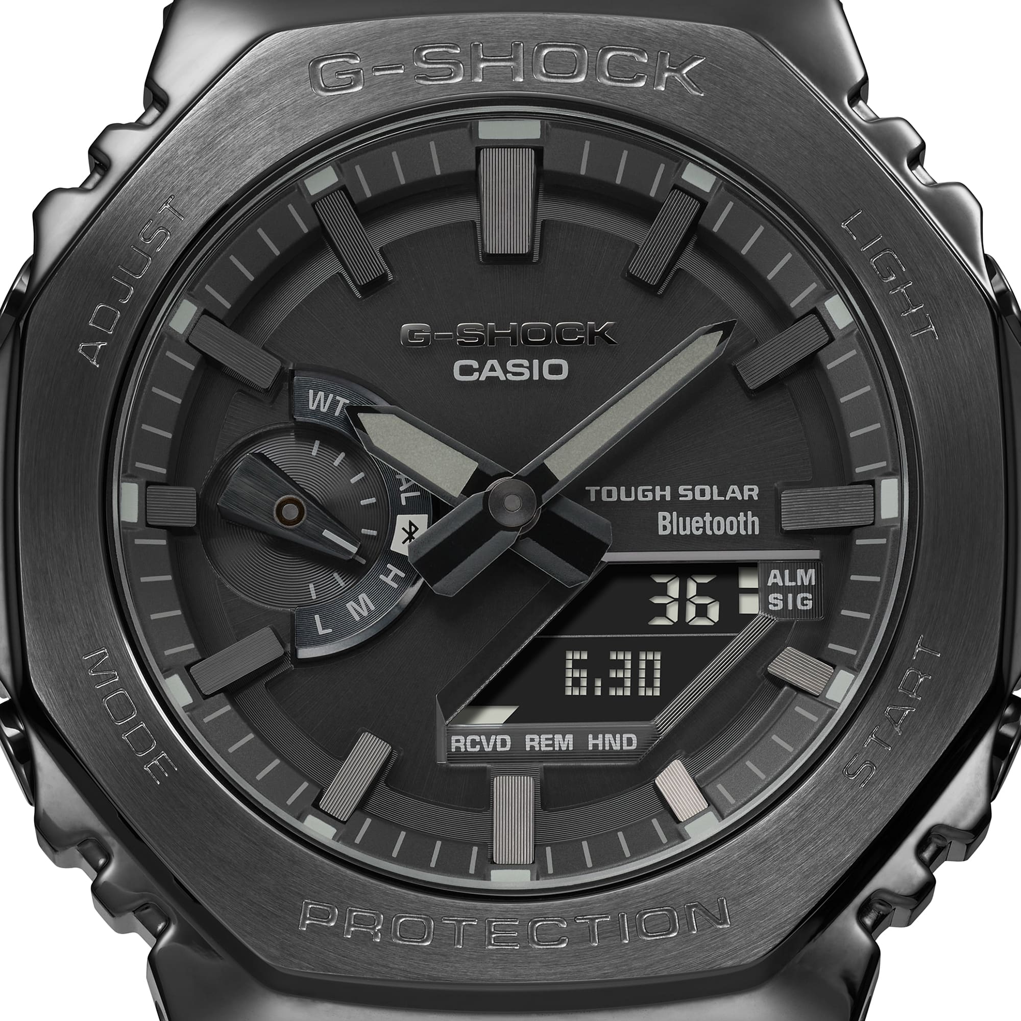 Rugged black G-Shock watch with digital and analog displays, featuring Tough Solar and Bluetooth capabilities.