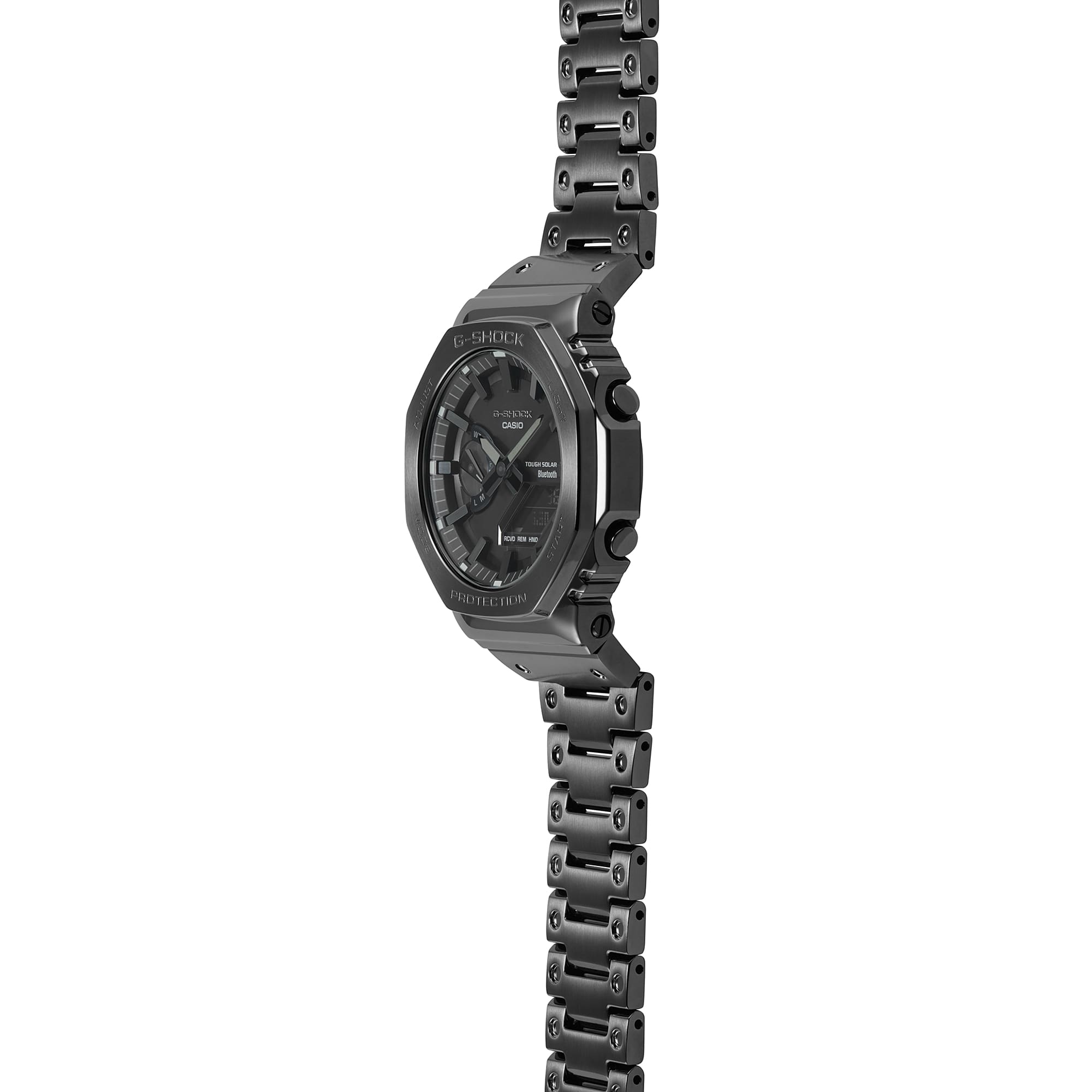 Black metal wristwatch with a round face and chunky bracelet-style band.