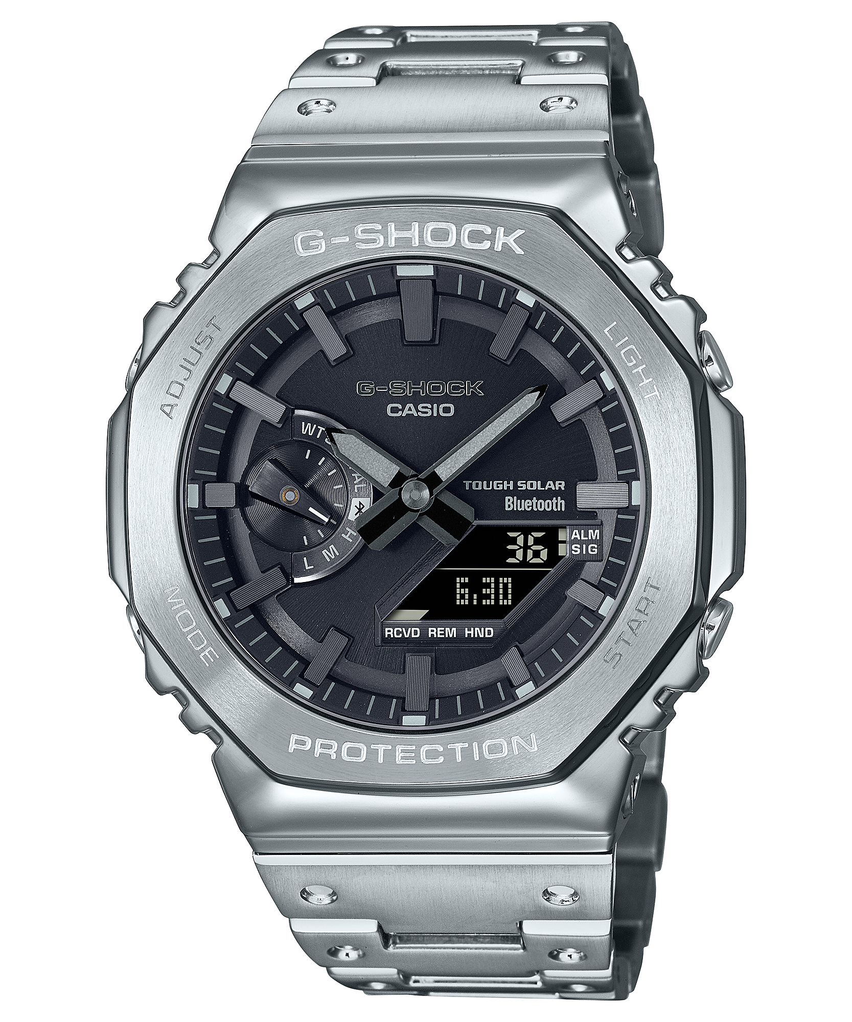 Silver G-Shock wristwatch with a black dial and digital-analog display.