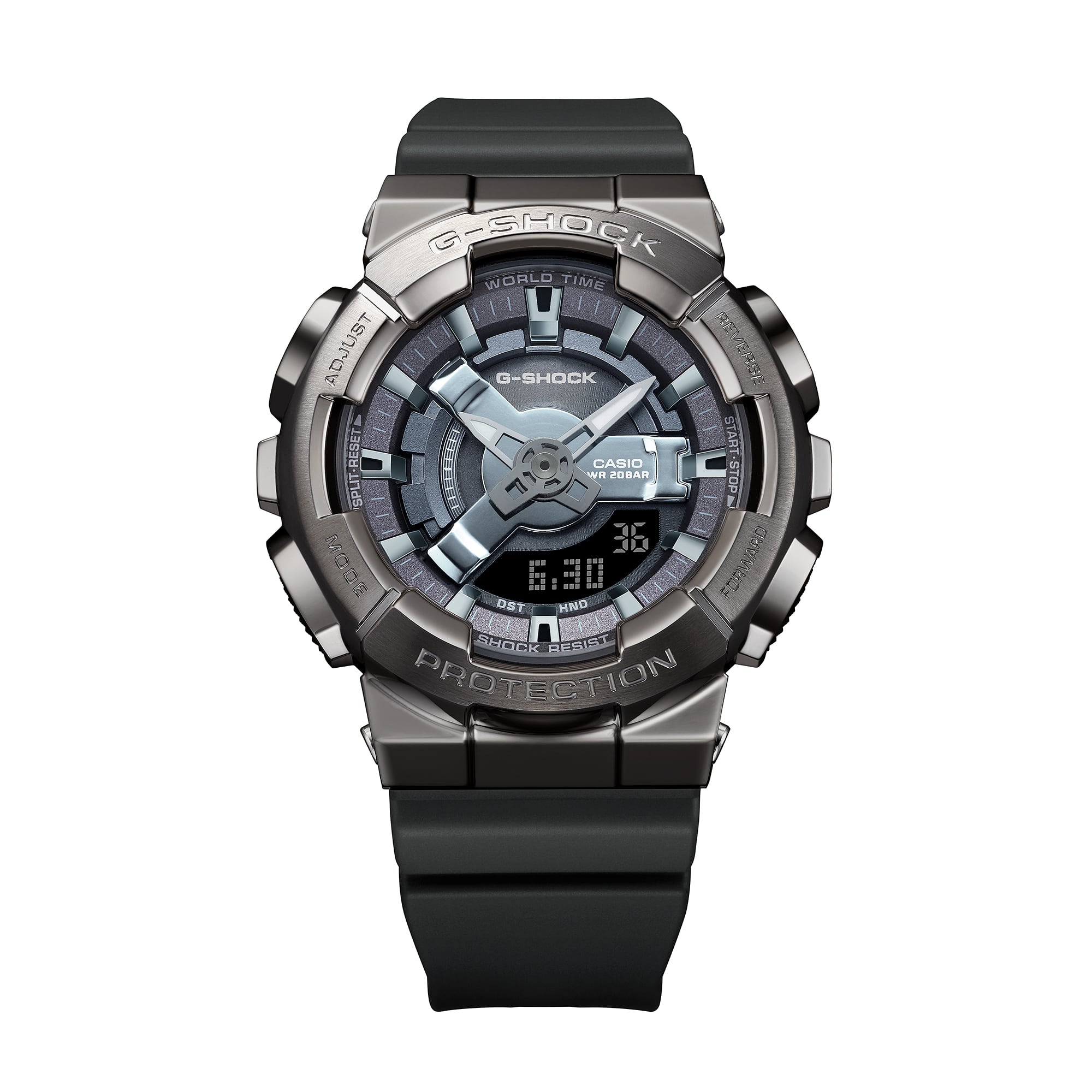 Rugged digital wristwatch with a metallic gray bezel and black rubber strap.