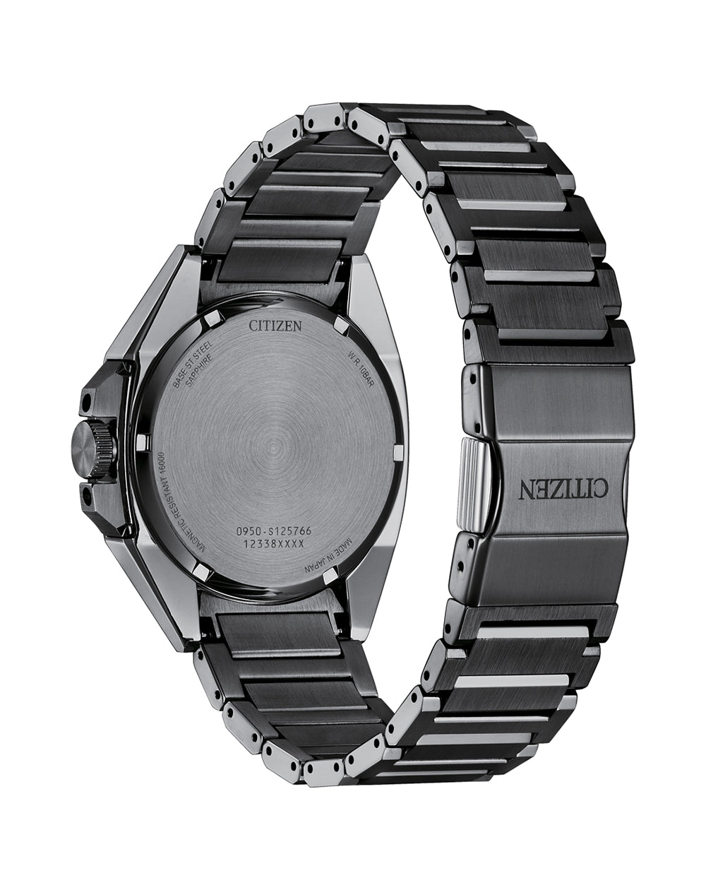 Metallic wristwatch with a dark gray or black link bracelet band.