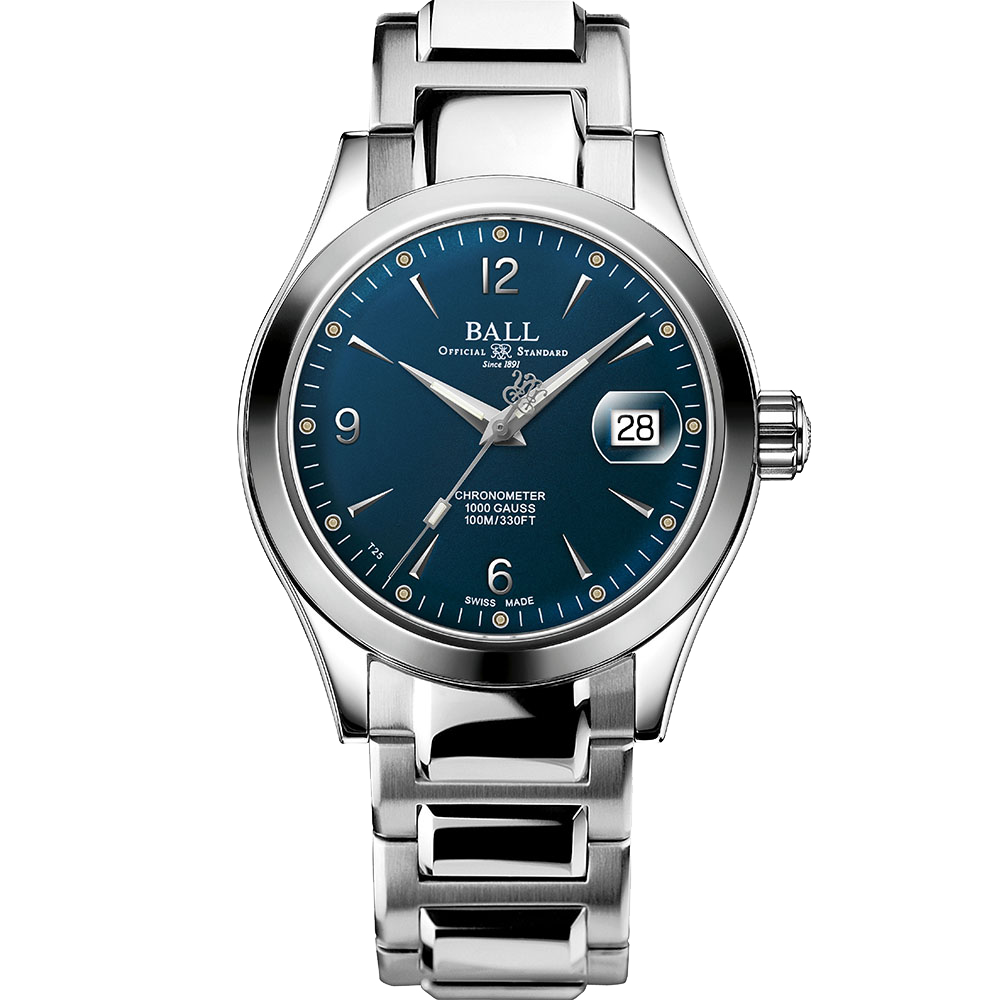 Stainless steel wristwatch with a blue dial and date window.