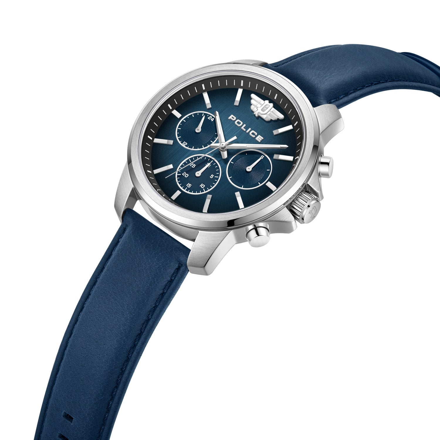 Stylish wristwatch with a blue leather strap and silver case featuring a navy blue dial with multiple subdials.