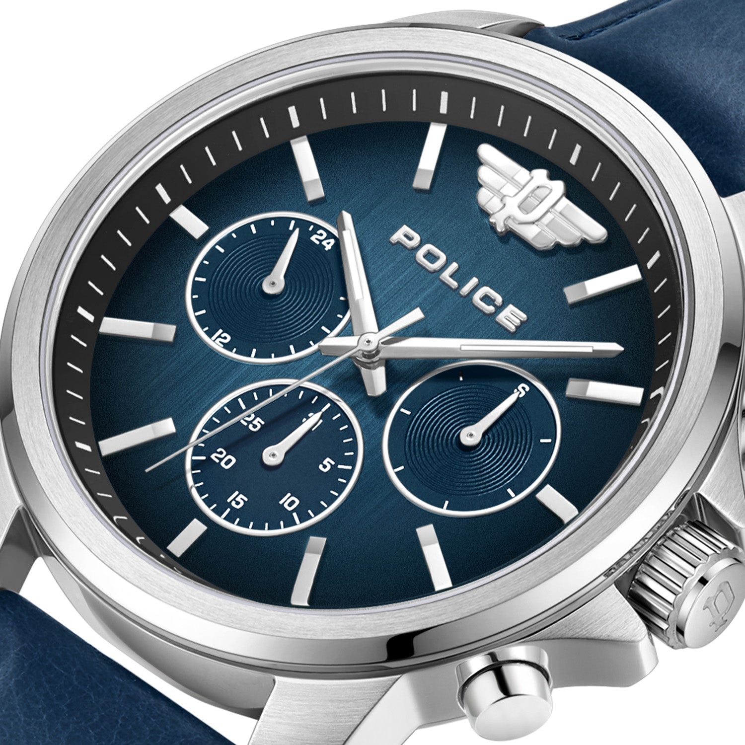 Police-branded wristwatch with a blue dial and multiple subdials.