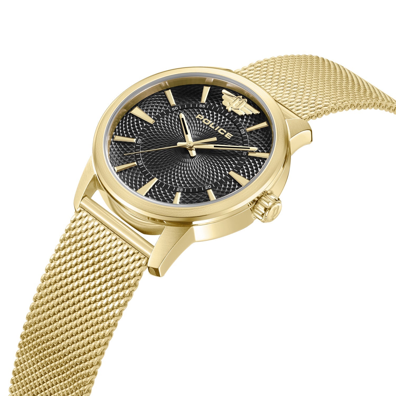 Gold-toned wristwatch with a black patterned dial and mesh metal band.
