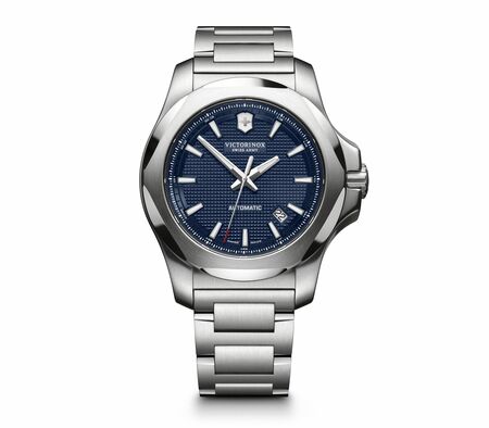 Stainless steel wristwatch with a blue dial and date window.