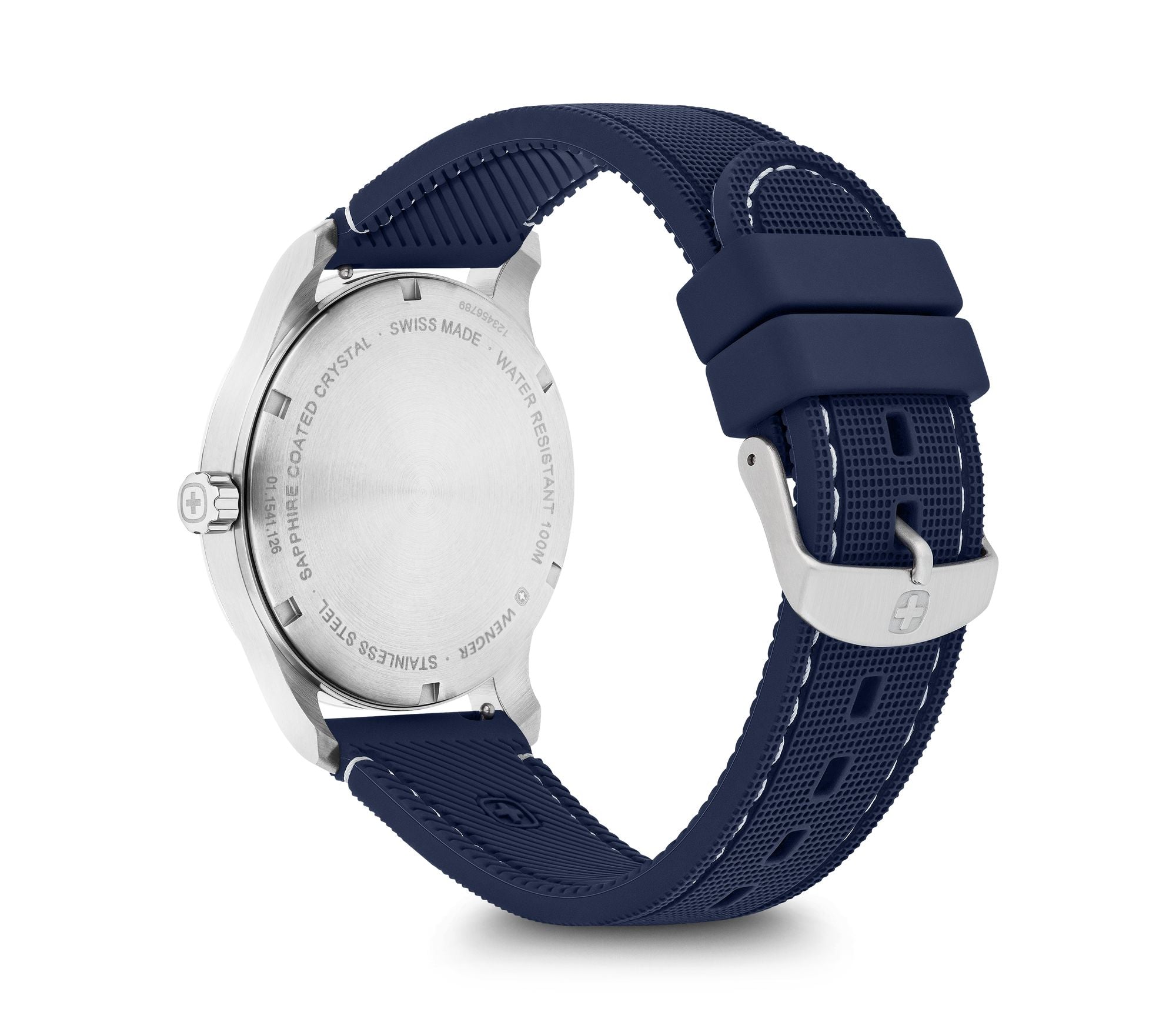 Wristwatch with a silver case and navy blue strap.