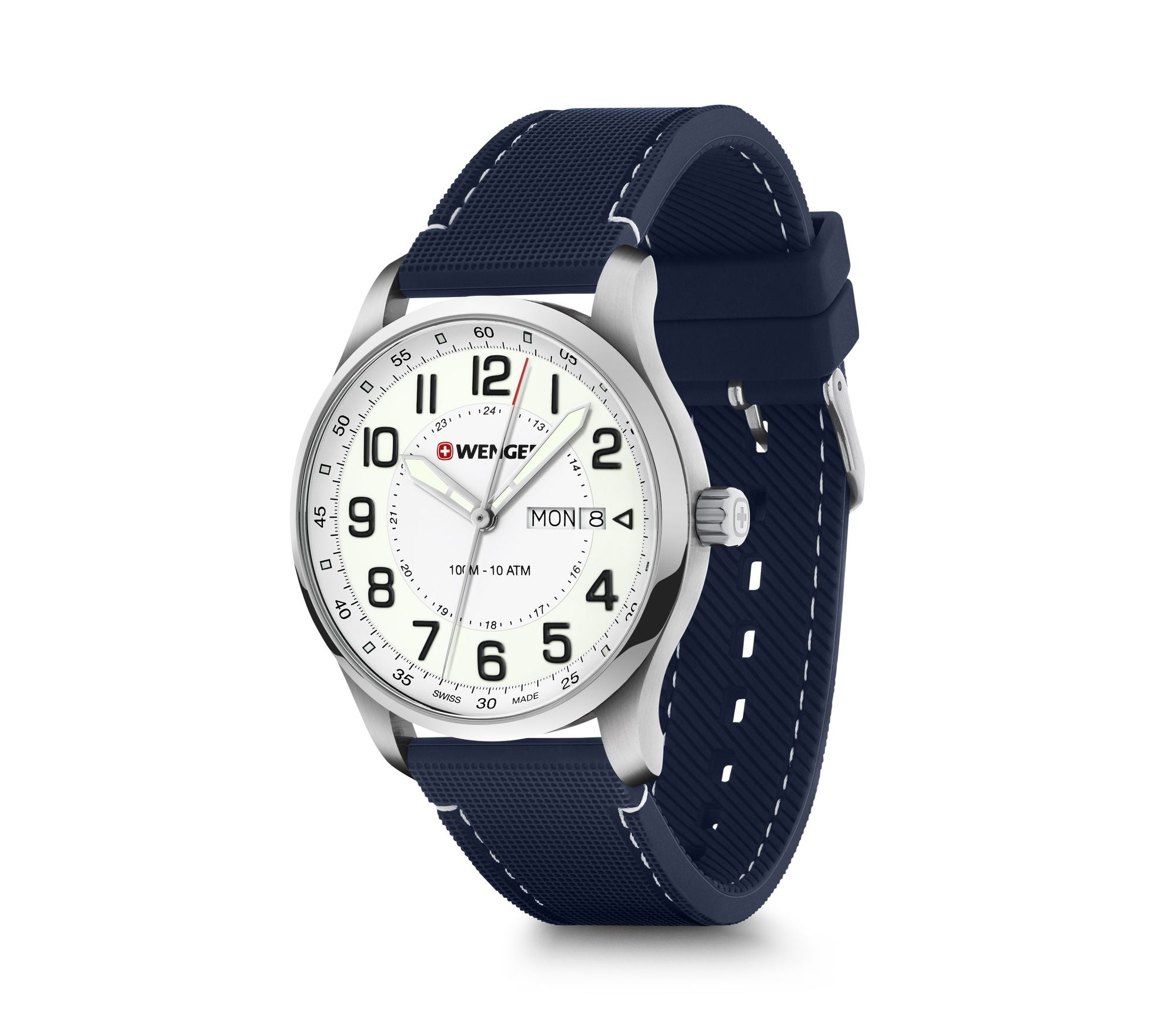 Wenger wristwatch with a white dial and navy blue strap.