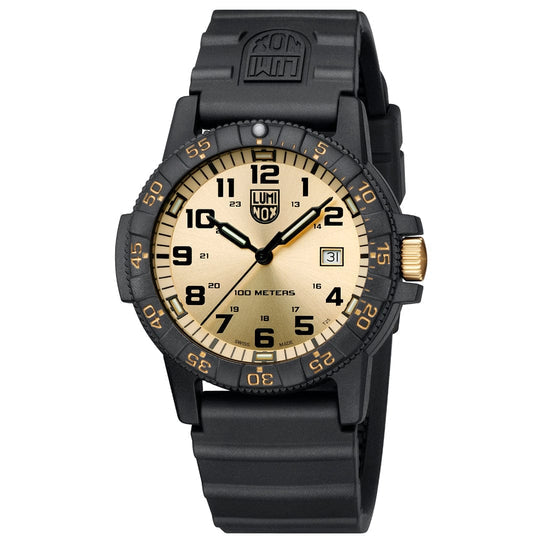 Rugged black wristwatch with a tan dial and luminous markings.