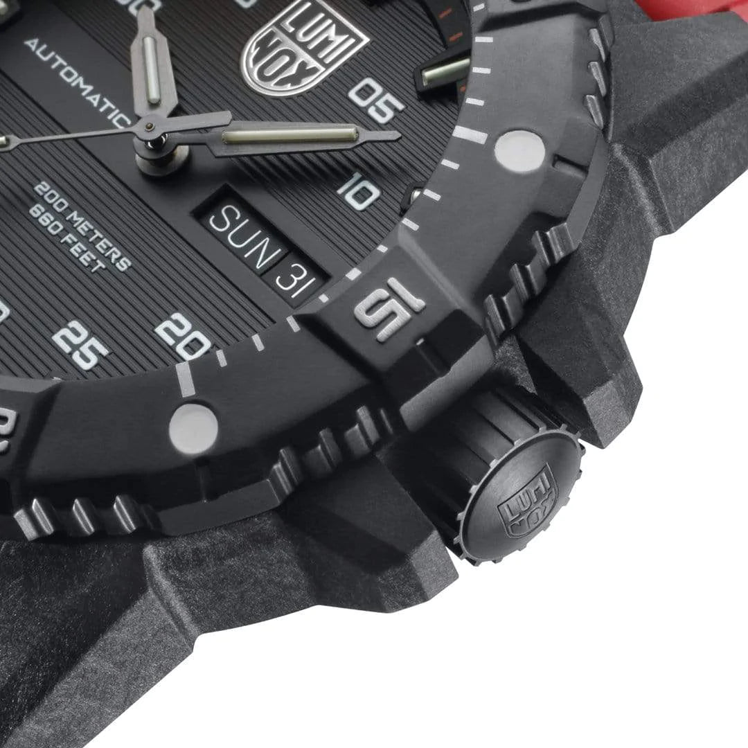 Rugged black wristwatch with analog display and prominent crown.