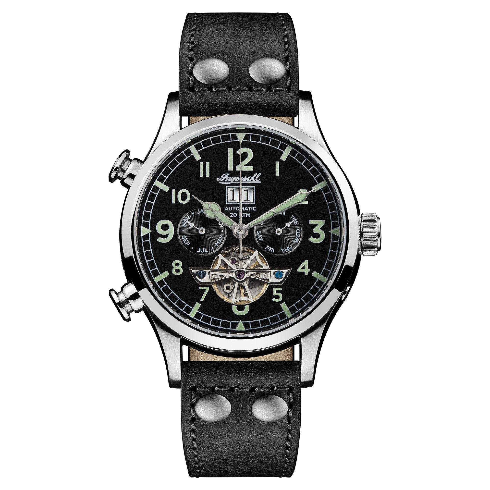 Men’s wristwatch with a black leather strap and a complex black dial featuring multiple subdials and visible gears.