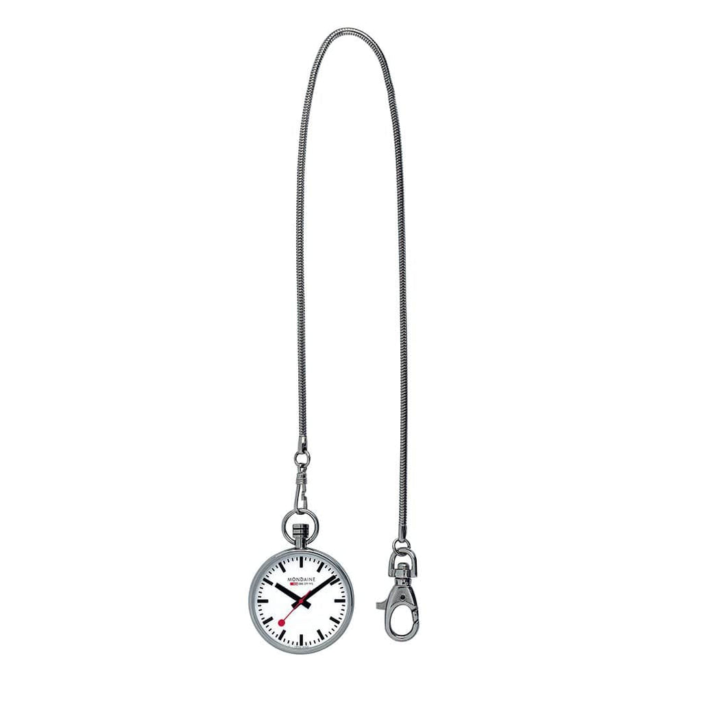 Pocket watch with a chain and clip attachment.