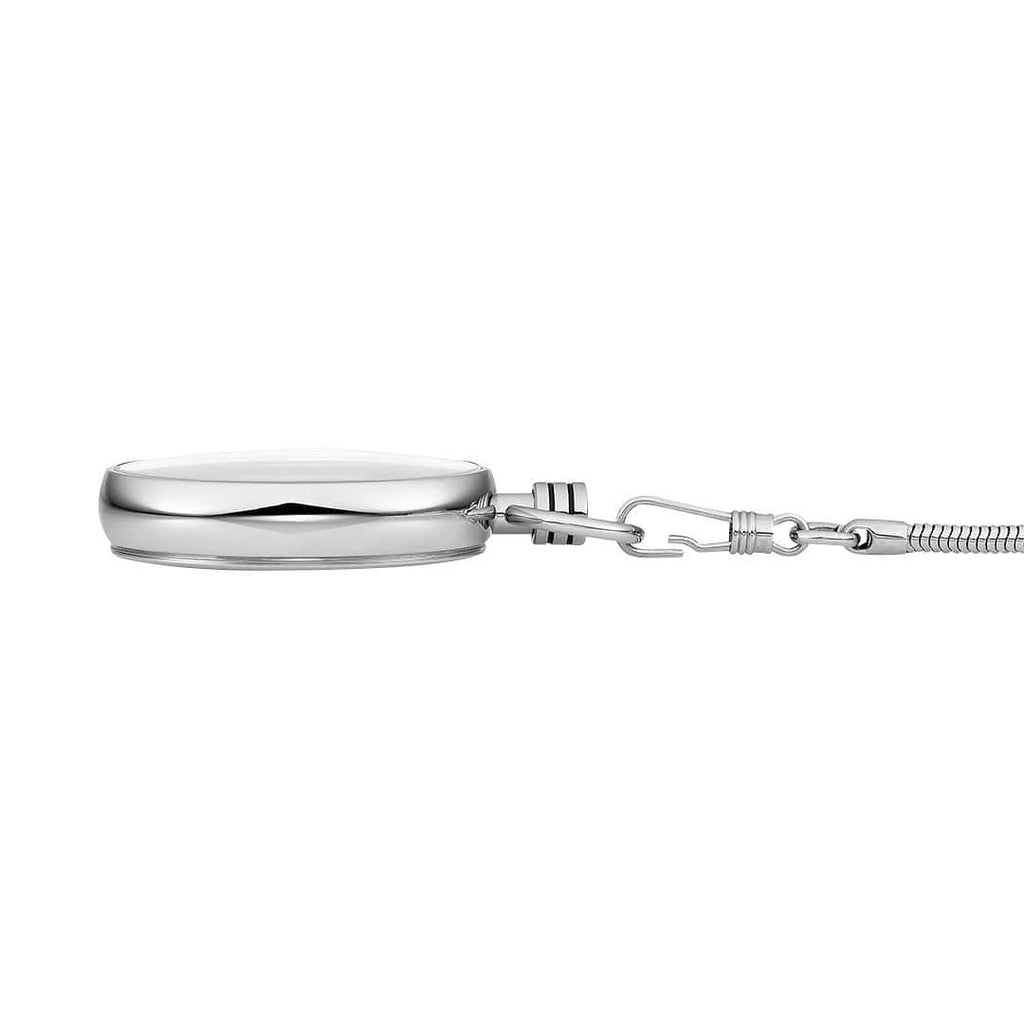 Silver pocket watch with an attached chain.