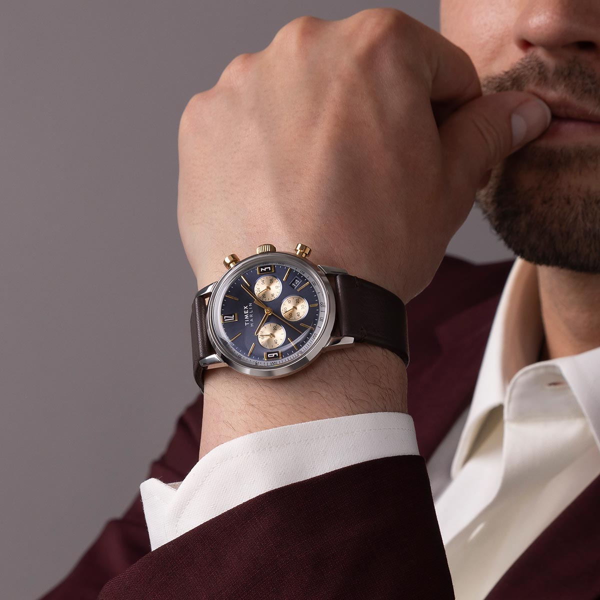 Timex Marlin chronograph with a blue dial worn on the wrist