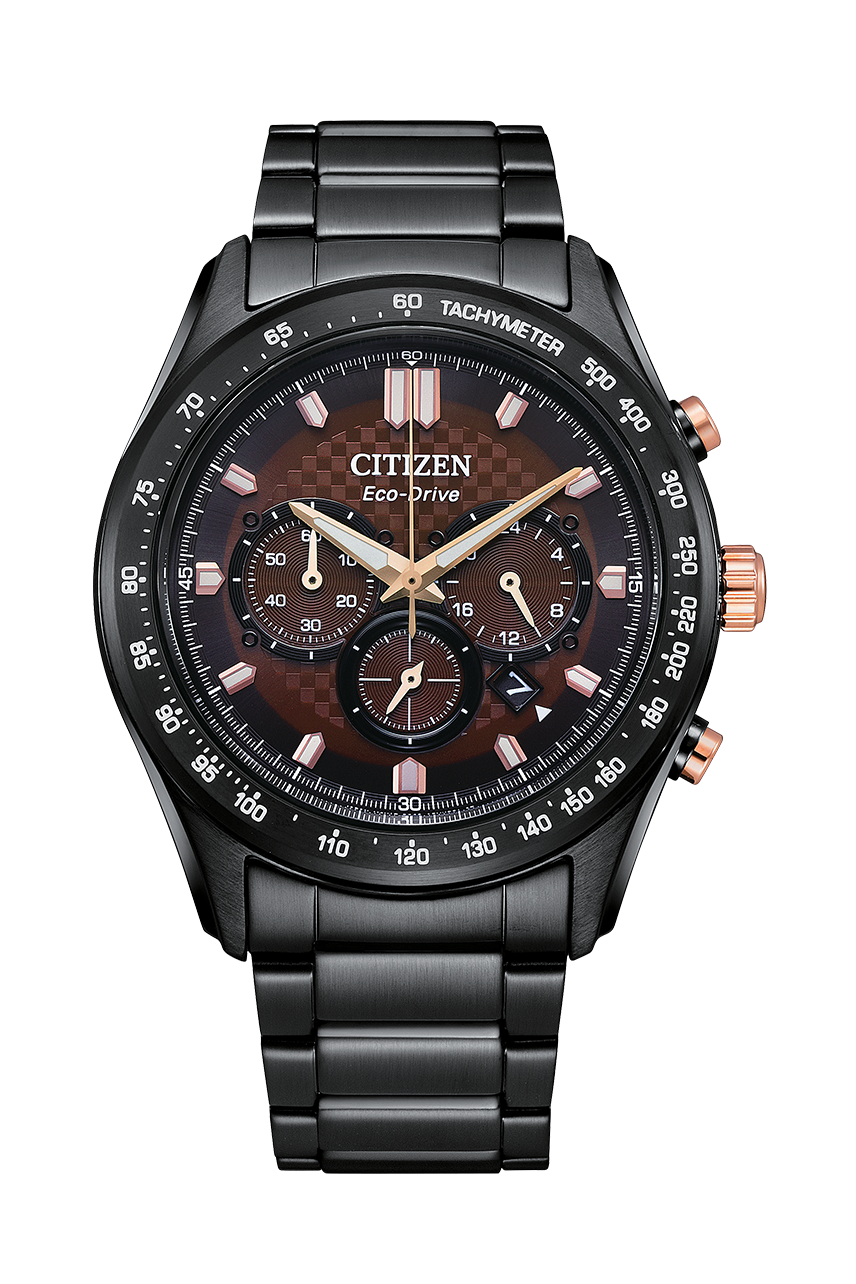 Black and rose gold Citizen Eco-Drive chronograph wristwatch with a dark dial and metal bracelet.