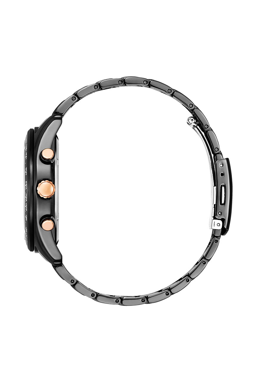 Sleek black wristwatch with rose gold accents on a metal bracelet.