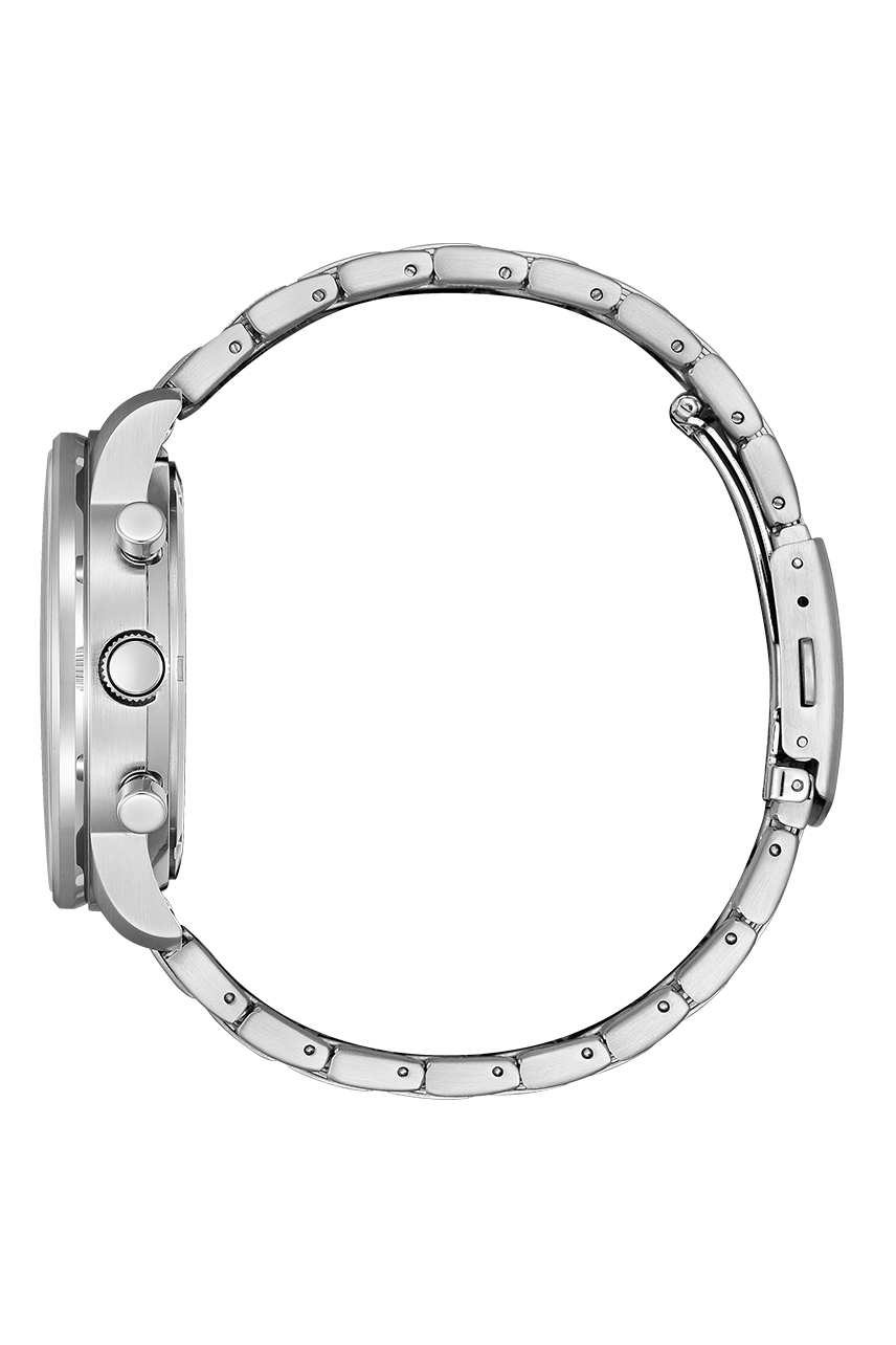Citizen CA4500-91E black dial chronograph, official alternative angle showing case side, crown and chronograph pushers