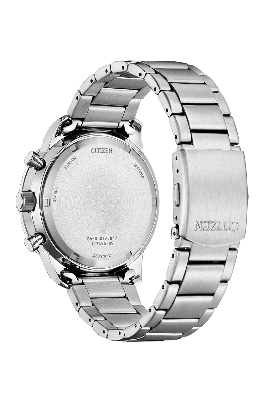 Citizen CA4500-91E black dial chronograph, official third perspective showing stainless steel bracelet and case-back detail