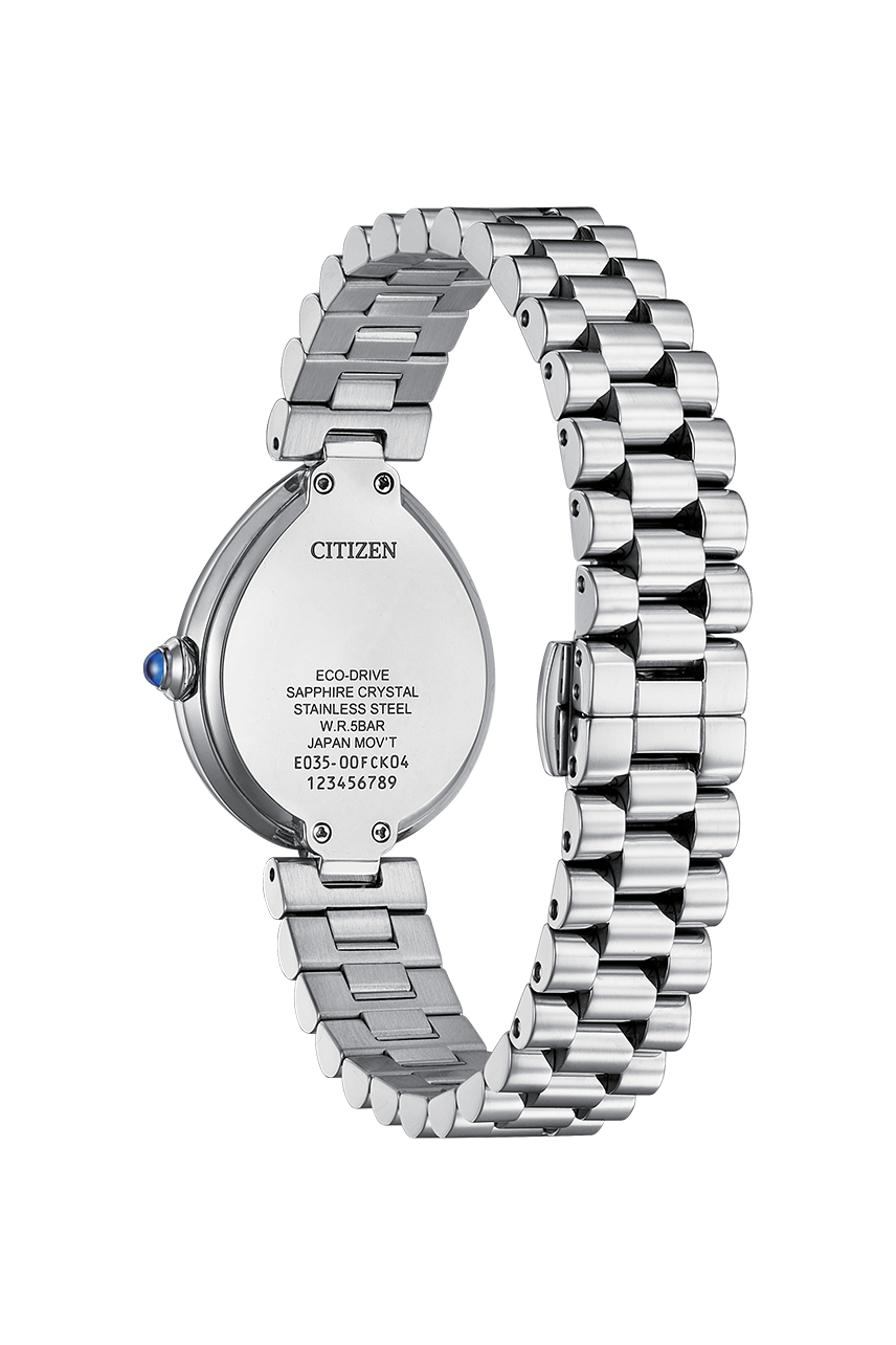 Citizen L Rainell EM1201-52L polished stainless steel bracelet link detail