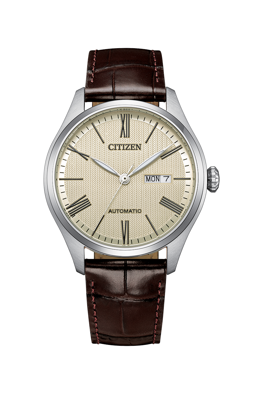 Citizen Mechanical NH8410-08B cream dial brown leather front view