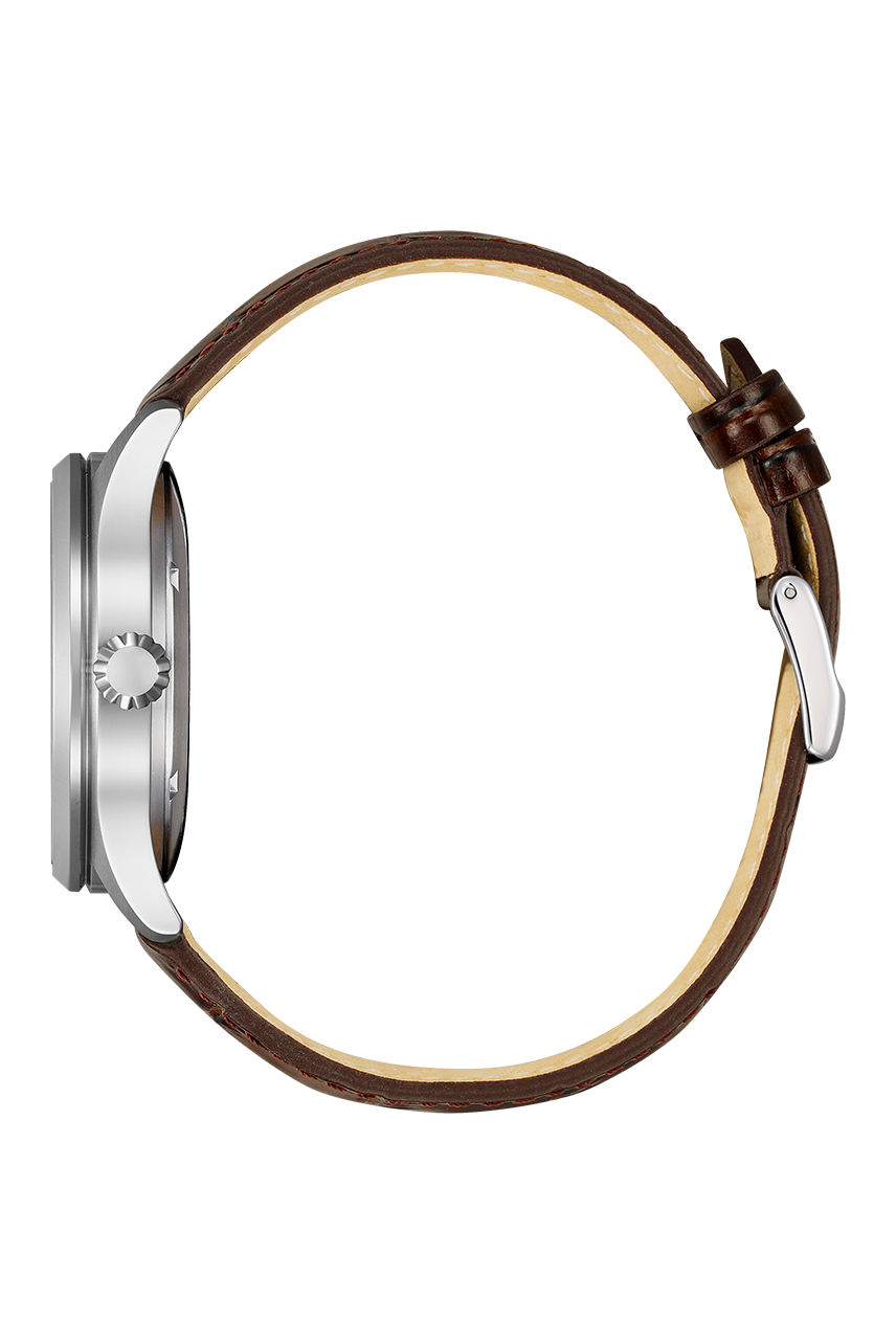 Citizen Mechanical NH8410-08B cream dial brown leather side profile