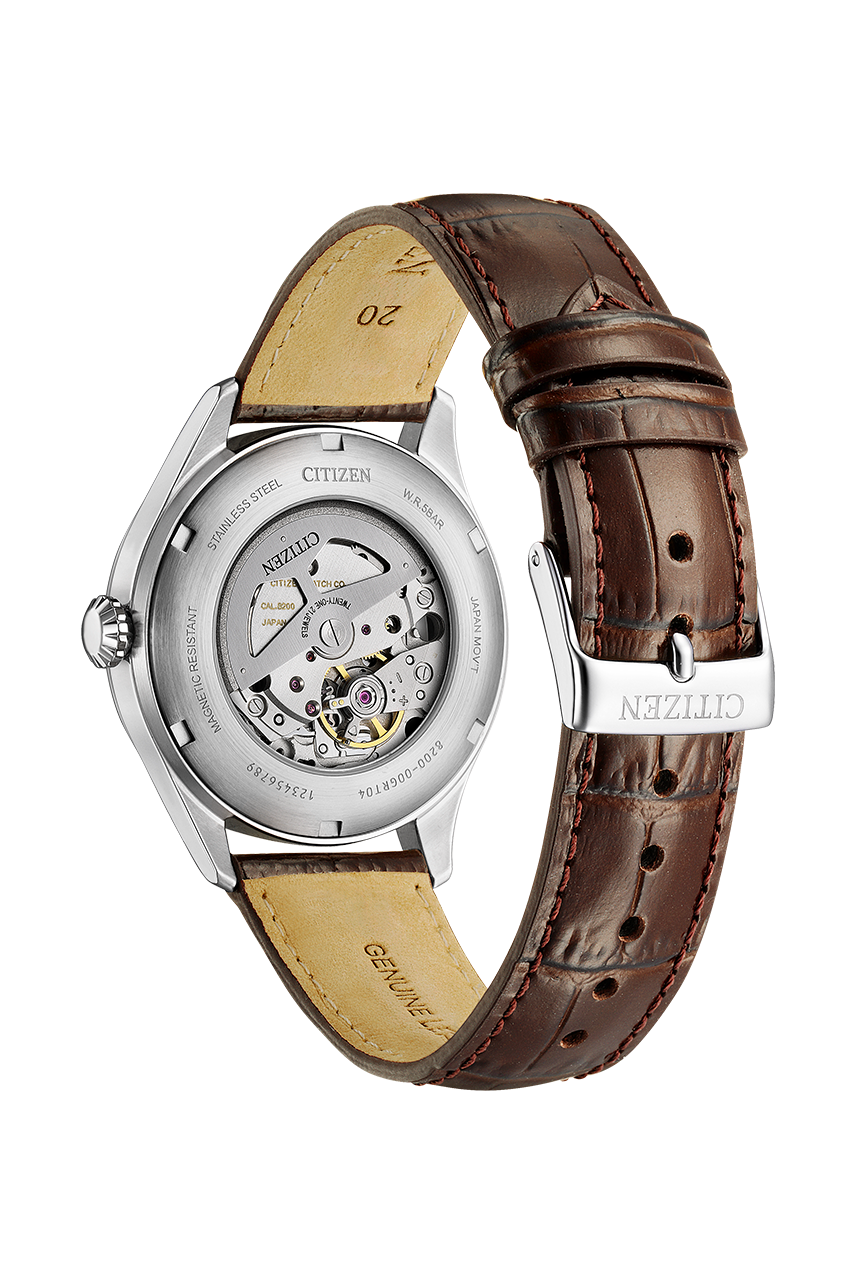 Citizen Mechanical NH8410-08B cream dial brown leather detail view