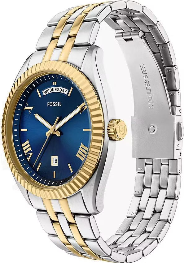 Fossil Three Hand Two Tone Stainless Steel Blue Dial Watch FS6141