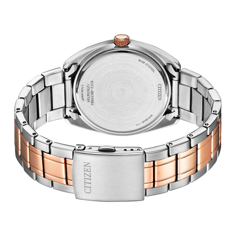 Two-tone metal wristwatch band with silver and rose gold coloring.