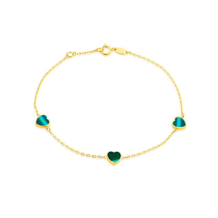 9K Yellow Gold Malachite Heart Bracelet Elegant 19cm Jewelry Gift