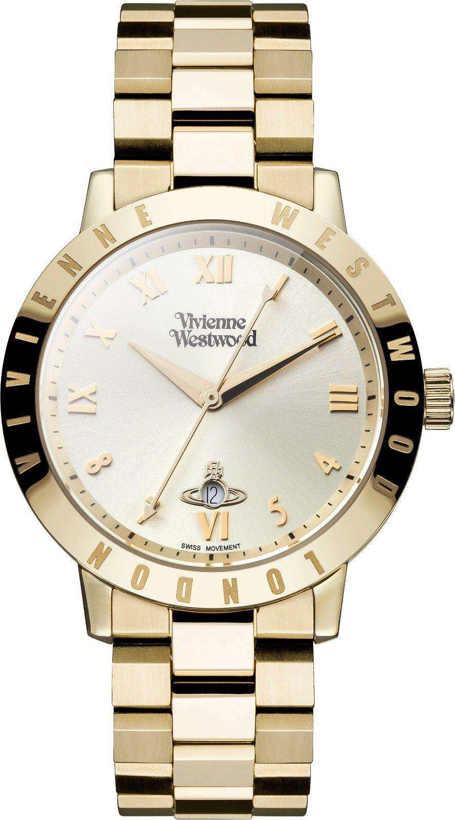 Vivienne Westwood Bloomsbury women's watch with a gold dial and gold stainless steel bracelet. Side profile view.